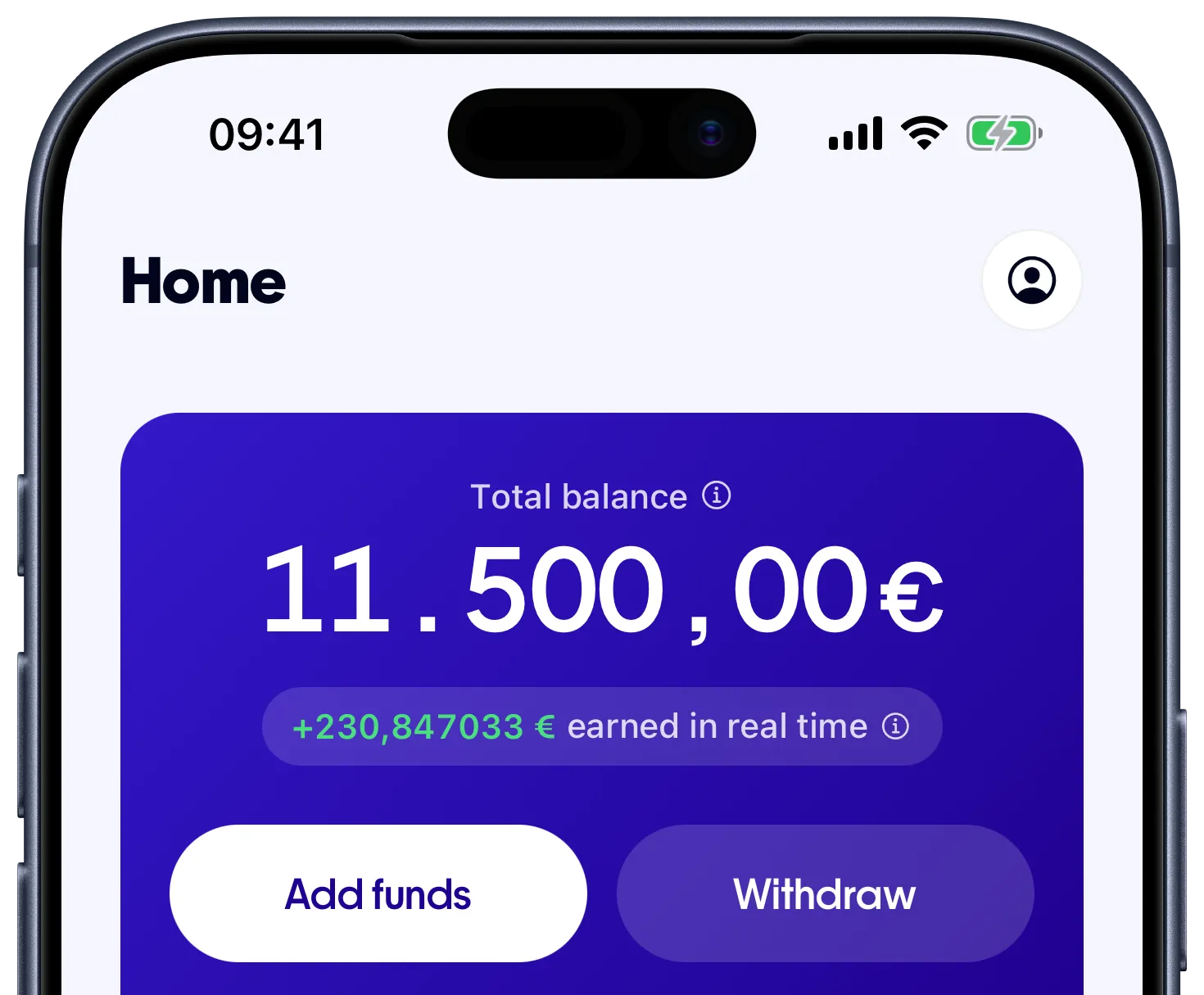 La schermata Home dell’app di unflat: il saldo totale, gli interessi maturati in tempo reale e i pulsanti per aggiungere fondi o prelevare.